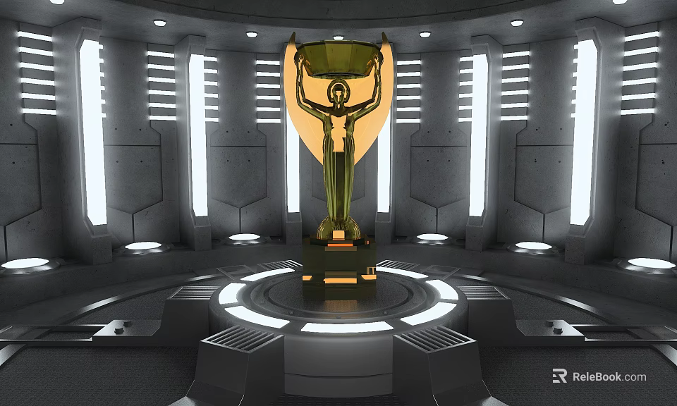 Modern Display Shelves Featuring Golden Trophy On Circular Platform With LED Lighting Design 3d model