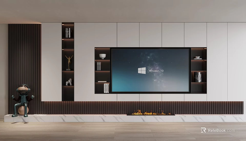 Modern TV Wall Unit Design With Large Screen TV White Dark Cabinets And Fireplace 3d model 