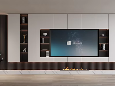 Modern TV Wall Unit Design With Large Screen TV White Dark Cabinets And Fireplace 3d model