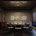 Chinese Family Feast Restaurant Interior With Wooden Dragon Carving Brick Wall Green Plant And Lantern
