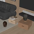 Two Decorative Wooden Boxes In Living Room With Black Leather Sofa Ceramic Vases And Magazines