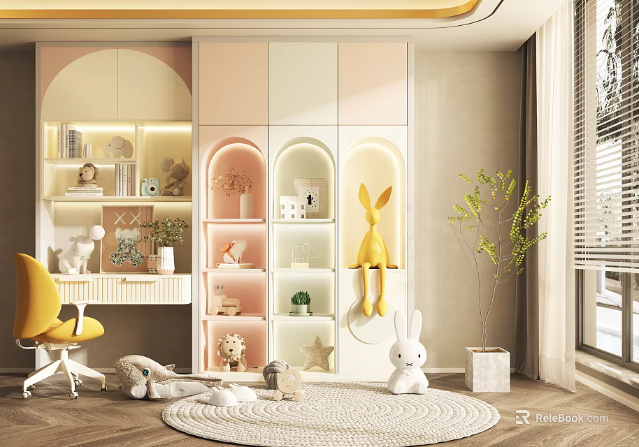 Kids Room Interior Design With Yellow Chair Arched Cabinets Rabbit Plush Round Rug And Shelves 3d model 