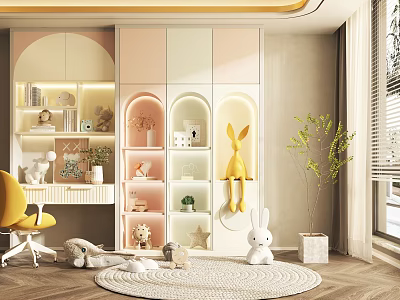 Kids Room Interior Design With Yellow Chair Arched Cabinets Rabbit Plush Round Rug And Shelves 3d model