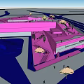 Modern Pink Museum Building Exterior With Sloped Walkway Trees And Blue Sky