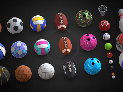 Diverse Sports Equipment Collection Featuring Soccer Volleyball Football Basketball Bowling Balls And Gear 3d model