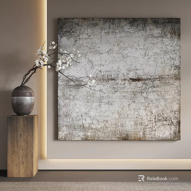 Textured Abstract Painting On Wall With White Flowers In Vase And Wooden Pedestal 3d model 