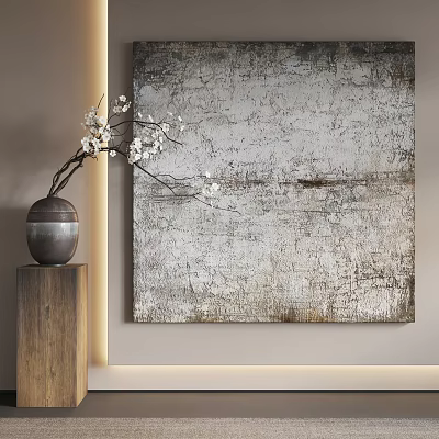 Textured Abstract Painting On Wall With White Flowers In Vase And Wooden Pedestal 3d model