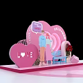Valentine's Day Pink Theme Scene With Heart Decorations Couple Bench And Roses