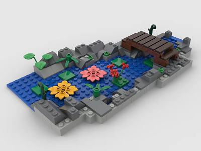 Building Blocks Model Featuring Blue Water Grey Stones Wooden Bridge Colorful Flowers and Green Leaves 3d model