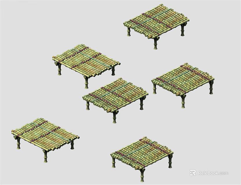 Multiple Wooden Bridges Featuring Grid Patterned Decks And Supporting Pillars 3d model