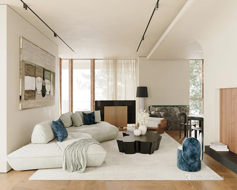 Modern Living Room Interior Design With Cozy Sofa White Rug Wall Art And Large Windows 3d model 