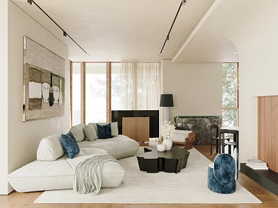 Modern Living Room Interior Design With Cozy Sofa White Rug Wall Art And Large Windows 3d model