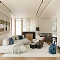 Modern Living Room Interior Design With Cozy Sofa White Rug Wall Art And Large Windows