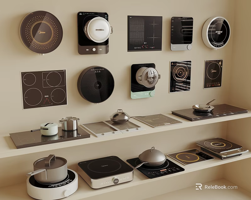 Modern Kitchen Appliances With Various Cooktops Pots Pans And Shelf 3d model 