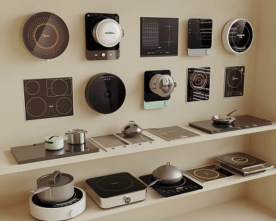 Modern Kitchen Appliances With Various Cooktops Pots Pans And Shelf 3d model