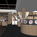 Tea House Interior With Wooden Shelves Round Display Counter And Dining Chairs
