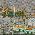 Detailed Urban Aerial Planning of City Layout with River Road Network and Green Spaces