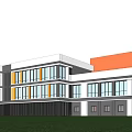 Modern Primary School Building White Orange Facade With Large Windows Green Lawn And Children Playing