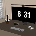Computer Desktop Setup With Monitor Time Display Keyboard Mouse Game Controller Headphones And Desk Lamp