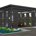 Chinese Style Garden Pavilion With Carved Black Frame And Lotus Pond Surroundings