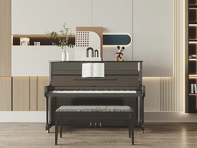 Elegant Modern Interior With Black Piano Music Sheet Piano Bench And Decorations 3d model