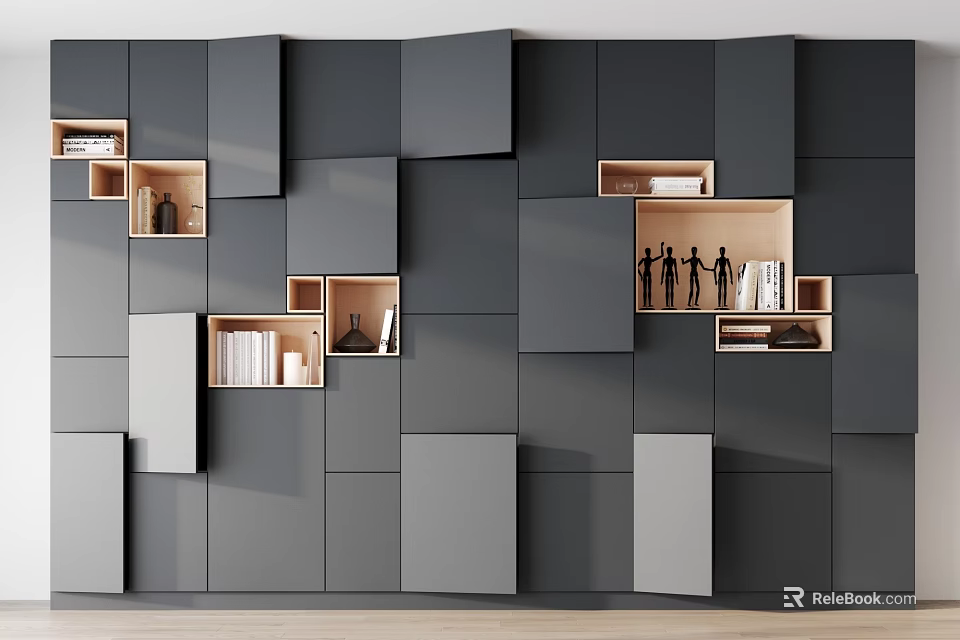 Modern Gray Geometric Bookcase Design With Open Compartments And Decor Items 3d model 