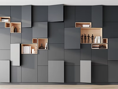 Modern Gray Geometric Bookcase Design With Open Compartments And Decor Items 3d model