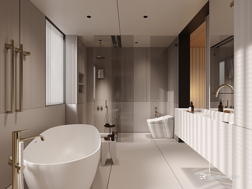 Modern Bathroom Interior Design With White Bathtub Shower Area And Vanity Mirror 3d model 