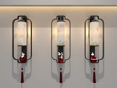 Chinese Style Wall Lamps with Lampshades Black Frames Red Decorations and Tassels for Home Interior 3d model