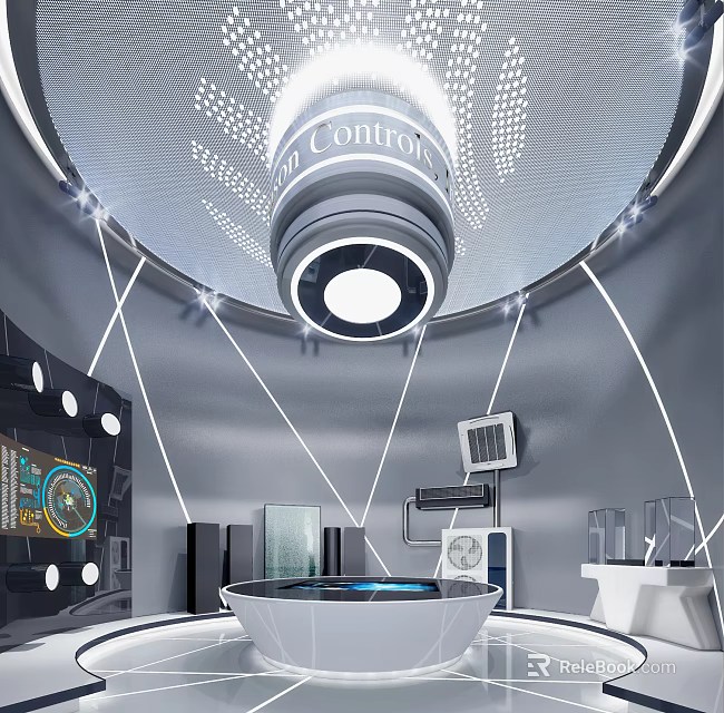 Futuristic Exhibition Hall Interior Design With Circular Lighting White Lines Control Panel And Display Screen 3d model