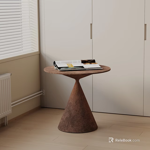 Round Wooden Side Table with Conical Base beside White Cabinet and Books on Top 3d model 