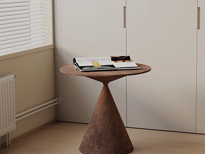 Round Wooden Side Table with Conical Base beside White Cabinet and Books on Top 3d model