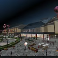 Vibrant Commercial Street With Modern Buildings Plaza Crowded People Red Balloons Outdoor Seating Open Sign
