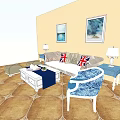 Cozy Sofa And Coffee Table Set With Union Jack Cushions Blue Armchair And Wall Paintings