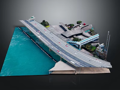 Detailed Scale Bridge Model With Blue Water Adjacent Buildings Trees And Vehicles 3d model