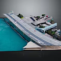 Detailed Scale Bridge Model With Blue Water Adjacent Buildings Trees And Vehicles