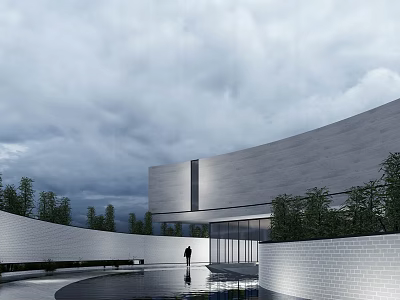 Modern Curved Architecture With Water Pool And Green Plants Under Cloudy Sky 3d model