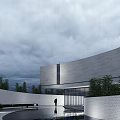Modern Curved Architecture With Water Pool And Green Plants Under Cloudy Sky