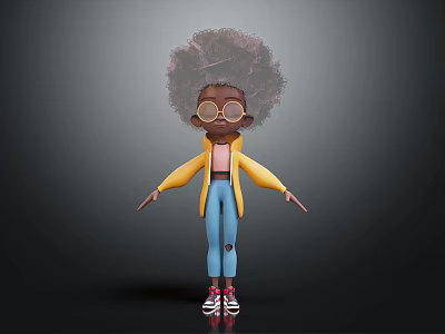 Cartoon Character With Afro Hairstyle Glasses Yellow Coat Pink Top Blue Ripped Jeans Red Sneakers 3d model