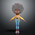 Cartoon Character With Afro Hairstyle Glasses Yellow Coat Pink Top Blue Ripped Jeans Red Sneakers