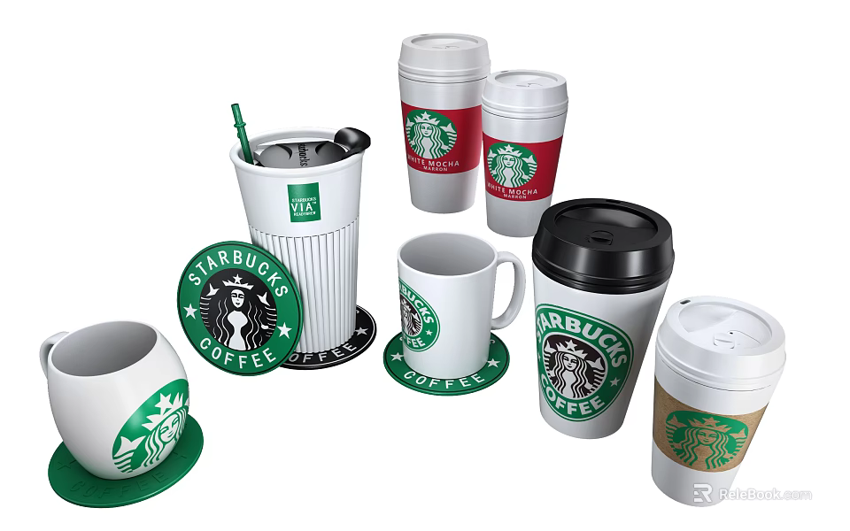 Starbucks Coffee Cups Including Lidded Mugs And Matching Coasters For Daily Use 3d model 
