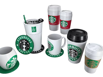Starbucks Coffee Cups Including Lidded Mugs And Matching Coasters For Daily Use 3d model