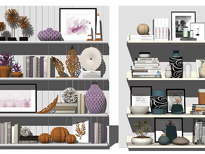 Stylish Decorative Ornament Combinations with Books Frames Vases and Plants on Shelves 3d model