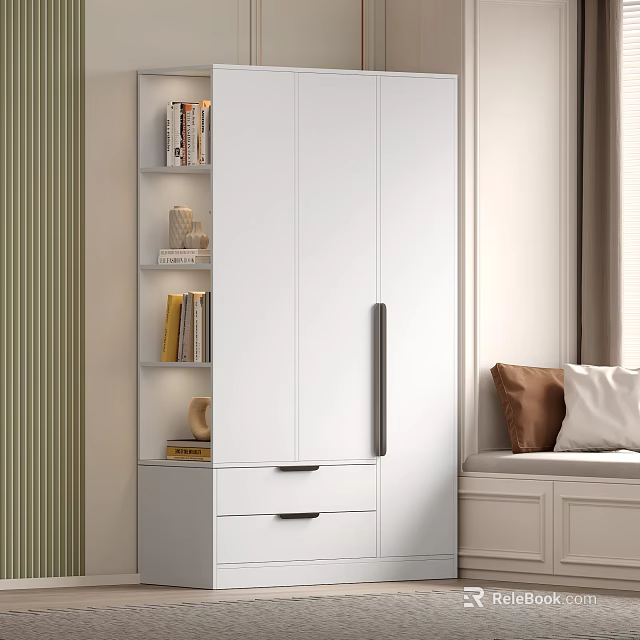 White Wardrobe Modern Design With Drawers Side Bookshelf Holding Books Decorative Items In Cozy Bedroom 3d model 