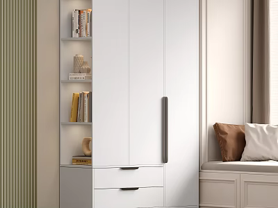 White Wardrobe Modern Design With Drawers Side Bookshelf Holding Books Decorative Items In Cozy Bedroom 3d model