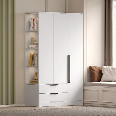 White Wardrobe Modern Design With Drawers Side Bookshelf Holding Books Decorative Items In Cozy Bedroom 3d model