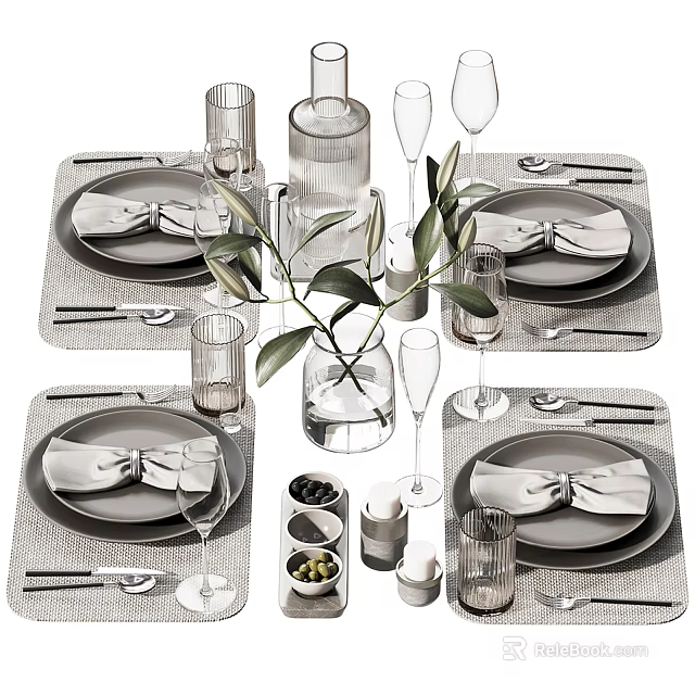 Elegant Modern Dinnerware Set with Bowknot Napkins Glassware and Greenery Vase on Woven Placemats 3d model 