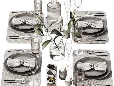 Elegant Modern Dinnerware Set with Bowknot Napkins Glassware and Greenery Vase on Woven Placemats 3d model