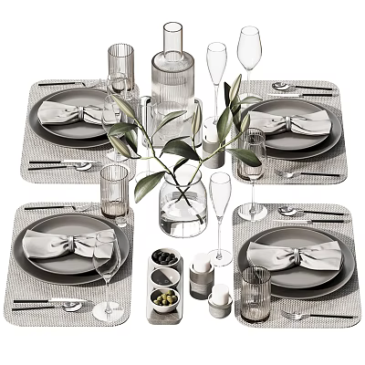 Elegant Modern Dinnerware Set with Bowknot Napkins Glassware and Greenery Vase on Woven Placemats 3d model