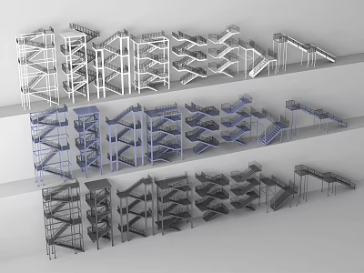 Staircase Models with Various Designs in White Blue Black Colors Displayed in Multiple Layers 3d model